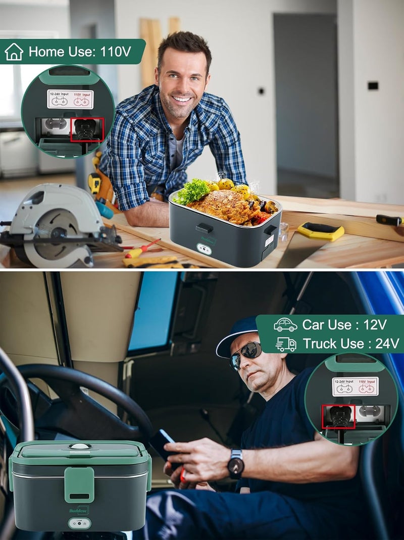 Buddew Electric Lunch Box for Adults, 80W Heated Lunch Box 1.8L Stainless Steel Portable Food Warmer,12/24/110V Lonchera Electrica Portatil for Travel & Work, Loncheras para Hombres de Trabajo - Image 3